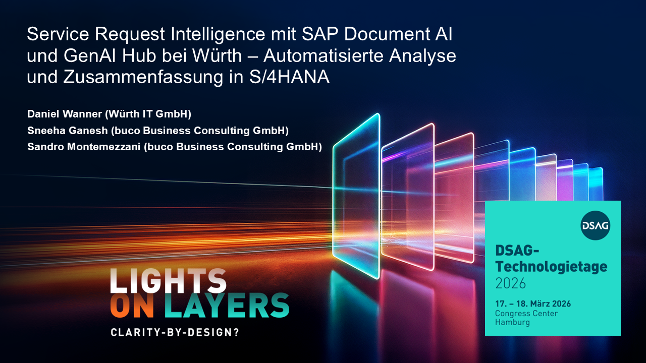 Titelfolie des Vortrags: „Service Request Intelligence mit SAP Document AI und SAP GenAI Hub bei Würth – Automatisierte Analyse und Zusammenfassung in S/4HANA“